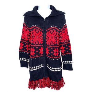 ABBIE MAGS Women's Christmas Knit Sweater Front Zip Tasseled Black/Red Size S/P